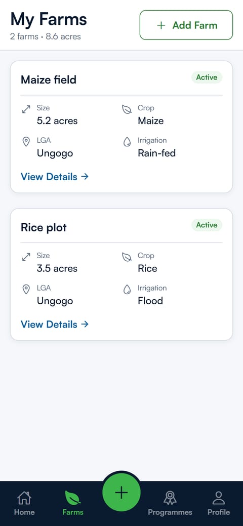 My Farms screen listing a maize field and a rice plot with size, crop, location and irrigation